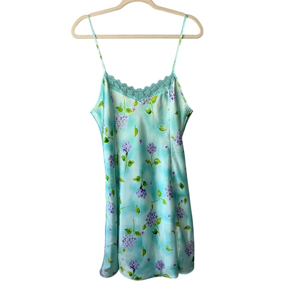 Private Luxuries Aqua Blue Hydrangea Floral Satin Slip Dress Lace Trim XL